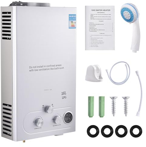 Durchlauferhitzer Gas 16L, 32KW LPG Gasdurchlauferhitzer Warmwasserbereiter Super Niedrigem 0,5bar Startwasserdruck, Tragbarer Gas Durchlauferhitzer, für Dusche im Außenbereich Dusche Bad Camping