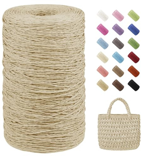 Uiopa Raffia Yarn 2mm x 700m Raffia Crochet Yarn 2-Strand Twisted Paper Ribbon for Crocheting Beach Bags, Sun Hats, Home Decor, DIY Crafts (Beige)