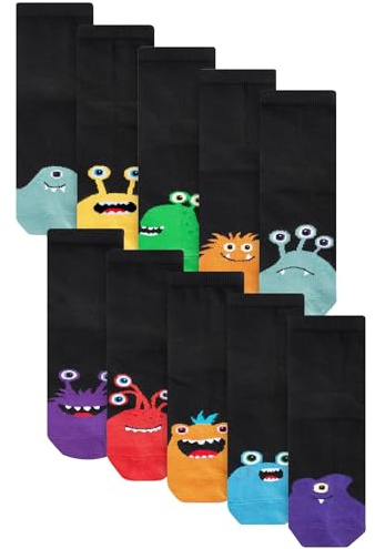 NEXT Jungen Standard 10 x Socken mit hohem Baumwollanteil Black/Bright Monsters 31-36