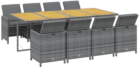 vidaXL Gartenmöbel Set 9-TLG. mit Auflagen Gartengarnitur Sitzgruppe Gartenset Sitzgarnitur Gartentisch Esstisch Tisch Stühle Poly Rattan Grau