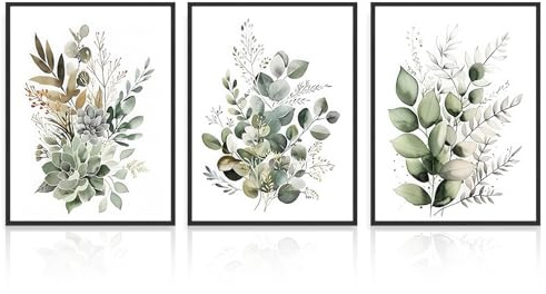 Dazzlewall 3Pcs Boho Wandkunst Dekor, Grüne Blätter Botanische Poster Druck für Badezimmer Wohnzimmer, Eukalyptus Blätter Schlafzimmer Wanddekoration, 12x16 zoll Ungerahmt