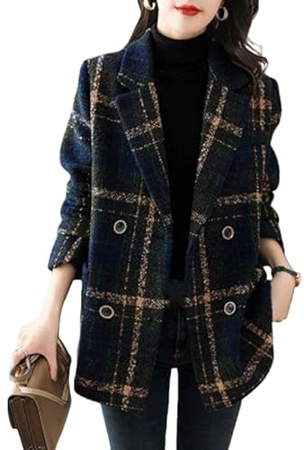 KIJSKKOPO Manteau À Carreaux En Laine pour Femme, Bleu Marine, Veste Blazer En Tweed À Revers Crantés, Veste D'Hiver Chaude À Manches Longues, Pardessus Élégant pour Le Travail Et Les Affaires