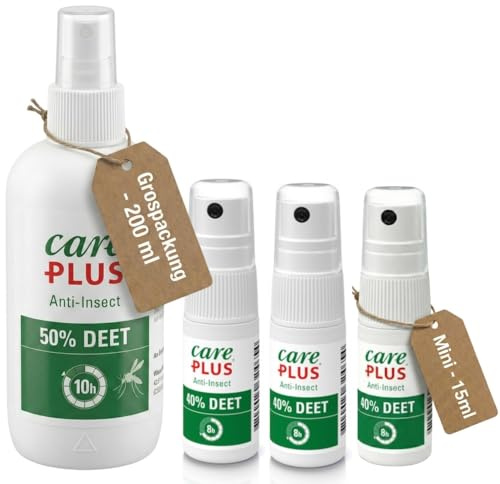Care Plus DEET Mückenspray Set – 200 ml 50% + 3x Reise Spray 40% – Mücken- & Zeckenschutz – Insektenspray für Reisen, Tropen, Camping & Outdoor