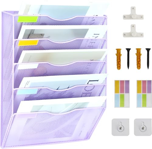 IOUGDSEC Hanging Wall Files Holder, A4 Mesh in Tray Hanging Wall File Holder Magazine Document Holder Mail Organiser Magazine Storage Rack, Storage Letter Trays Desktop File Organizer (Purple)