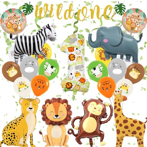 31 Stück Dschungel Safari Geburtstag Deko Set, Deko 1. Geburtstag Junge Mädchen, Grüne Dschungel Erster Geburtstags Deko, 1 Jahr Kindergeburtstag Deko mit Safari Luftballons