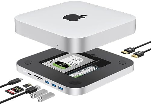 USB-C Hub with Dual Enclosure: 2.5HDD & M.2 NVMe/NGFF SSD for Mac Mini M1/M2/Studio/M4, Type-C Docking Station Aluminium Stand & Hub for MacMini | USB A 3.0 & 3.1 Ports, SD/TF Card Slots, DP & HDMI