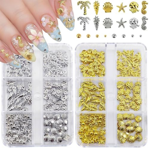 Nail Charms, 2Boxes Gold Silver Summer Ocean Nail Charms and Gems, Metal Small Seashell Starfish Seahorse Palm Tree Summer Beach Charms for Acrylic Nail Art Alloy Rhinestones for Women DIY