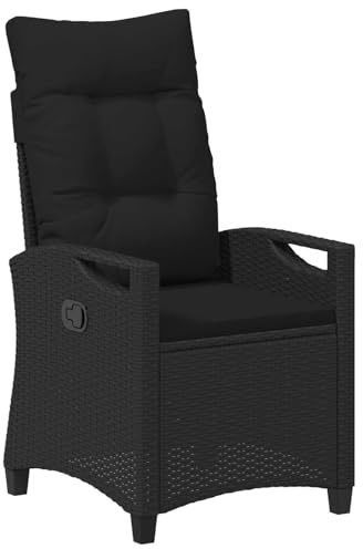 Owoxanthellate Verstellbarer Gartenstuhlmit Klapptisch, Poly-Rattan Gartensessel Schwarz, Relaxsessel mit Rückenlehne und Kissen, Outdoor Stuhl für Terrasse und Balkon, 56 x 60 x 112 cm