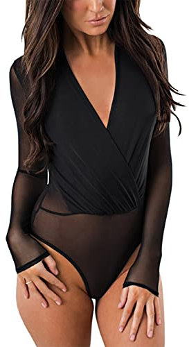 SEBOWEL Women Sexy V Neck Sheer Mesh Bodysuit See Through Long Sleeve Leotard Tops Club Party Bodycon Blouse T Shirt (XXL, Black)