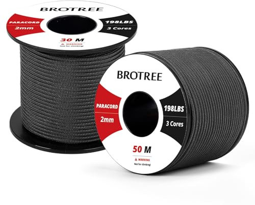 Brotree 2mm Paracord 3 Fili 30M 100% Nylon Corda da Paracadute per All'aperto, Artigianato, Fatto a Mano - 90kg Carico di Rottura (Nero)