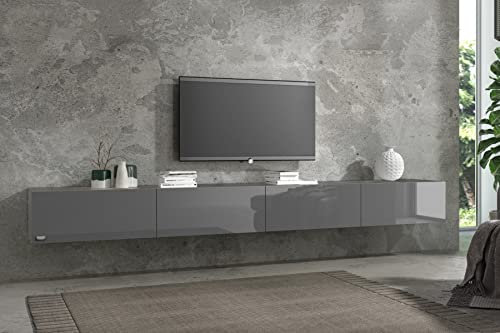 Wuun® TV Lowboard TV Board hängend I 100cm-280cm I Hängeschrank Wohnwand/Somero I Schwarz-Matt/Grau-Hochglanz I 280 (2X 140) cm