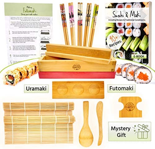 Grow Your Pantry Kit de fabrication de sushis et de maki : kit de fabrication de sushis avec machine à maki, tapis à rouler à sushis, plateau à sauce japonaise en bambou, bâtonnets et palette de riz –
