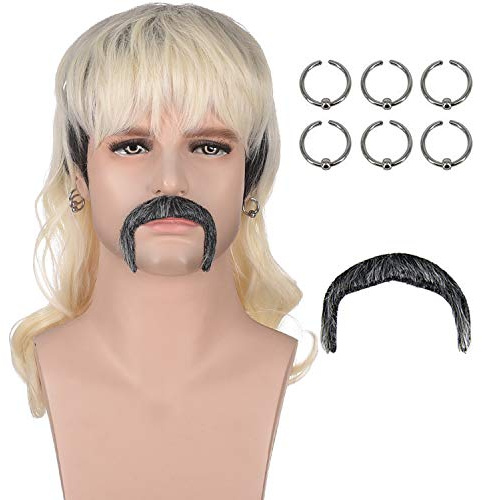 AMZCOS Tiger King Joe Exotisches Kostüm Halloween Sets | Dunkle Wurzeln blonde gewellte Perücken mit 6 Ohrringen | Tiger Schnurrbart