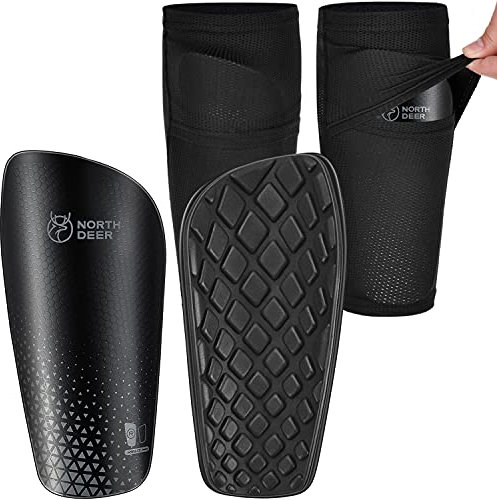 Kids Football Shin Guards incl. Sleeves with Optimized Insert Pocket - Protective Shin Pads for Children Boys Girls (Black S)