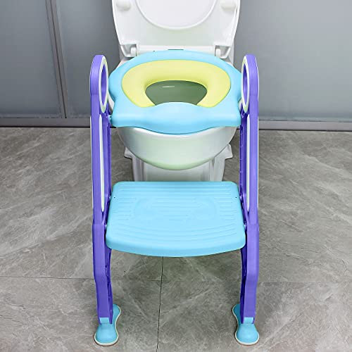 YRHome Toilettentrainer Toilettensitz Kinder mit Treppe Faltbar Töpfchentrainer Höhenverstellbar WC Trainer mit PU Gepolstert Kissen und Griffen Töpfchen - Blau und Lila