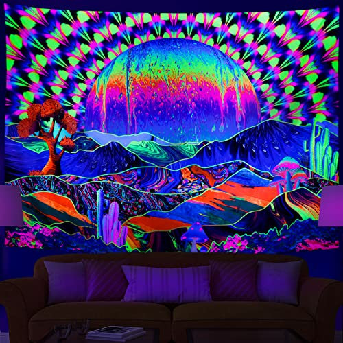Heopapin Schwarzlicht-Wandteppich, Planet und Berge, UV-reaktiver Wandteppich, Wandbehang für Wohnzimmer, Wohnheim, Dekoration, B 59 x H 51 cm