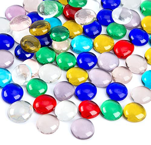 FUTUREPLUSX Flat Glass Marbles, Assorted Colors 5Lb 500PCS Flat Gems Aquarium Pebbles Vase Filler Beads Table Scatter Decor, Red, Green, Blue, Yellow, Transparent