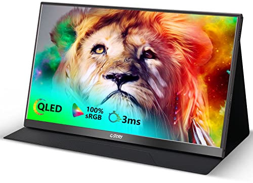 G-STORY 15.6 Portable QLED Monitor, 1080P Laptop Screen, 100% sRGB Frameless Second Display, USB C External Travel Mini HDMI Dual Speakers for PC Phone PS5 Xbox NS