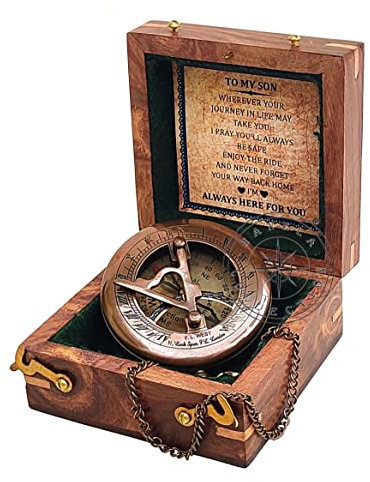 Hanzla Collection Sonnenuhr-Kompass aus antikem Messing mit Holzbox und Kette – Push-Open-Kompass – Steampunk-Zubehör – schönes handgefertigtes Geschenk – Sonnenuhr