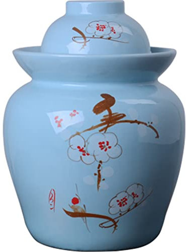 ZHOUXIAO Blau Keramikfermentation Crock Mit Deckel, Verdickter Porzellangurkenglas, Blumenmuster Kimchi -Topf Mit Deckel Keramik Lebensmittellager Versiegelte Behälter 7KG
