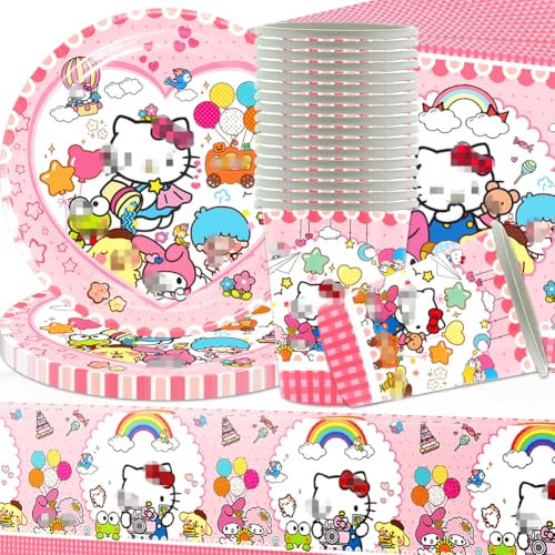 Hello Kit Vajilla,Vajilla de Fiesta de Hello Kit,61PCS Platos, Mantel de Papel, Vasos de Papel, para Fiestas de Niñas (Apto para 20 Personas).