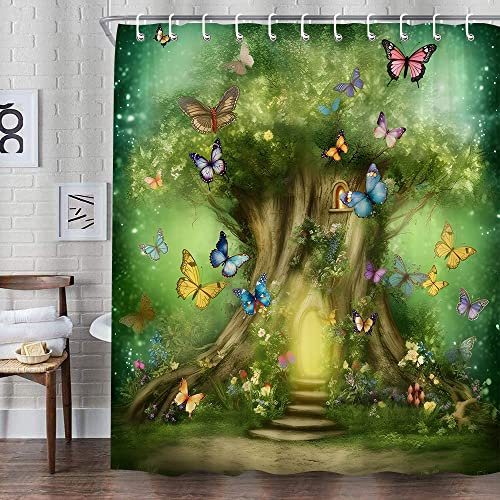Dvikvmo Enchanted Forest Shower Curtain Fairy Tales Magic Green Tree Floral Butterflies Meadow Spring Tropical Jungle Treehouse Elf Halloween Fantastic Natural Scenery Decor Fabric with Hooks