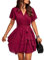 TcIFE Women's Casual Dress Deep V-Neck Short Sleeve Waist Tie Ruffle Chiffon Elegant Mini Short Swing Skater Dresses, WineRed, M
