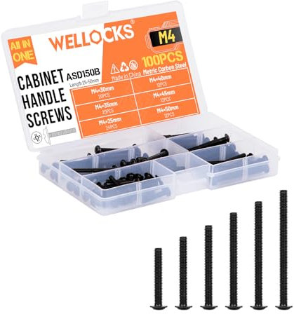 WELLOCKS Schrankgriffe Schrauben | M4 25–50 mm Maschinenschrauben Sortiment | Flachscheibenkopf Kreuzschlitzschrauben Set aus Metall | für Schrank Schublade Knöpfe (ASD150B) | Schwarz Zink | 100 Stück