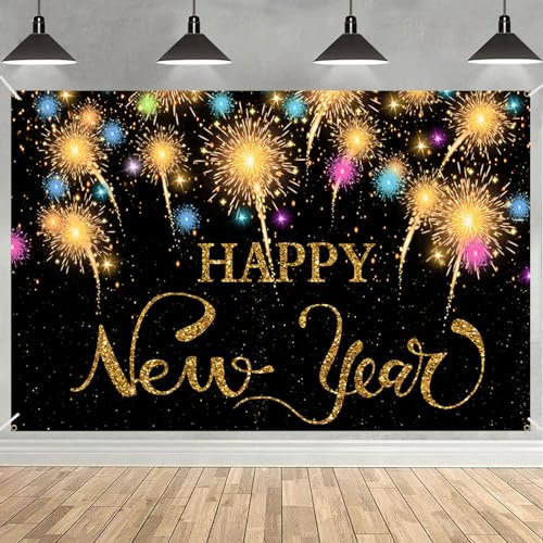 Giugio Silvester Deko 2025 Neujahrs Hintergrund Banner, 180 CM x 110 CM Frohes neues Jahr Hintergrund, Große Happy New Year Banner, Silvester Thema für Neujahr Indoor und Outdoor Dekoration