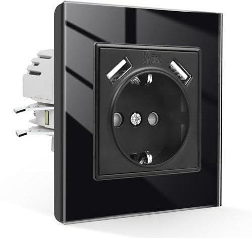 CNBINGO Schuko Steckdose mit USB 16 Amp Steckdose mit Steckklemme Kristall Unterputz Steckdose - Einzel USB Steckdose Schwarz - 1 Fach Wandsteckdose mit Glasrahmen