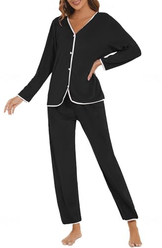 HANERDUN Pigiama Donna Invernale Caldo Set Pigiama in Cotone Pile 2 Pezzi Top con Maniche Lunghe a Spalla Abbottonata e Pantaloni a Tinta Unita