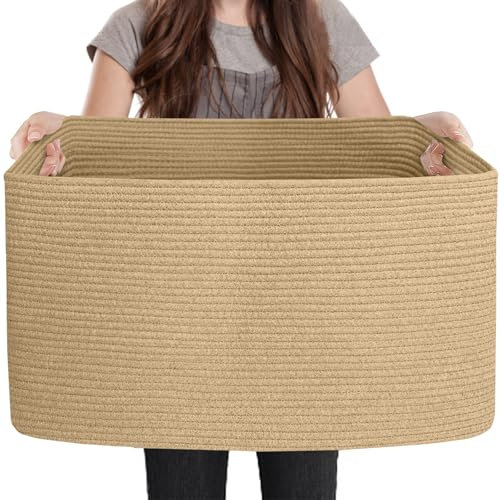 MEGASKET Großer rechteckiger Jute-Seilkorb, 59,9 x 43,2 x 30,5 cm, Decken-Aufbewahrung für Wohnzimmer, Pool, Handtuchkorb, gewebter Baby-Boden-Wäschekorb für Kleidung, Spielzeug