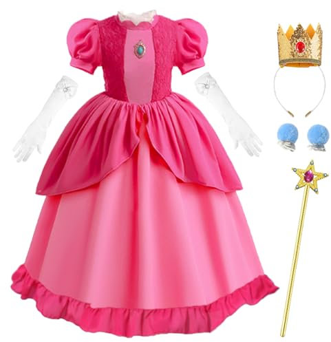 LiUiMiY Peach Costume per Bambina Vestito Principessa Rosa con Accessori per Halloween Carnevale Compleanno Natale, 4-5 Anni (Etichetta 120)