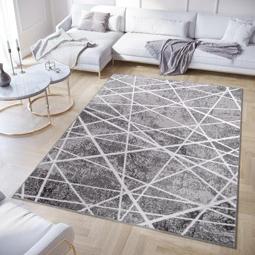 TAPISO Crystal Teppich Kurzflor Glänzend Dunkelgrau Grau Streifen Figuren Geometrisch 3D Effekt Wohnzimmer Schlafzimmer Modern Design ÖKO-TEX 160 x 220 cm