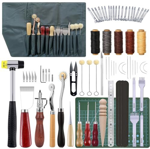67 Stück Leder Werkzeug Set,Die Umfangreichsten Lederwerkzeuge und Zubehörteile,Lederbearbeitung Werkzeug Set mit Druckwerkzeuge und Aufbewahrungstasche,Gewachstem Faden,Groover,Stanzschnitzereien
