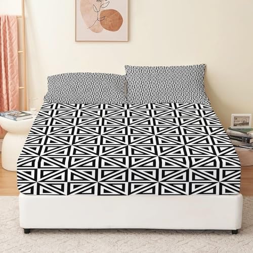 XCQHZYQ Spannbettlaken 180x200 Geometrisches Schwarz-Weiß-Muster Bettlaken Bis 30 cm Matratzenhöhe, Superweiches Spannbetttuch aus Mikrofaser, Bequem Und Atmungsaktiv, mit 2 Kissenbezügen