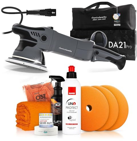 Poliermaschinen Set: chemicalworkz DA21 Pro Exzenter Poliermaschine + Rupes One-Step Politur + Royal Pads Polierpads + Zubehör - Auto Lack Politur, Kratzer entfernen, Aufbereitung | 8-teilig