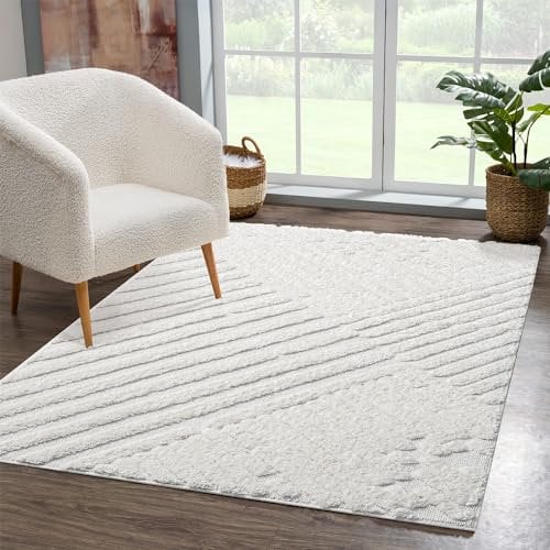 carpet city Teppich Wohnzimmer Hochflor Creme - 200x290 cm - Hochtief-Muster, 3D-Effekt Streifen - Bettvorleger Schlafzimmer Teppiche Boho, Skandi