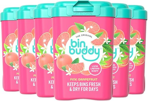 Bin Buddy Pink Grapefruit, 450g, Pack of 6, Bin Freshener Deodoriser Powder, Leaves Your Bin Smelling Great, Suitable for Indoor and Outdoor Bins