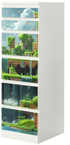 Möbelfolie Game Level Fluss passend für Ikea Malm Kommode S 6 Schubladen | Selbstklebende Schrankfolie für glatte Schubladenfronten Klebefolie Kinderzimmer Schlafzimmer DIY Upcycling S 6 Schubladen