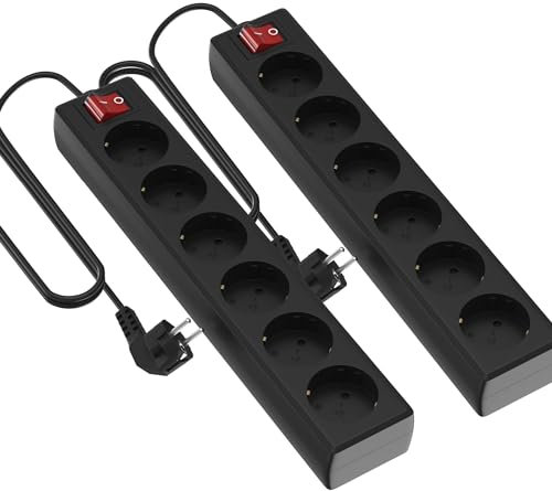 Garza - Pack 2 Regleta alargador de 6 enchufes Schuko con Interruptor, 3 Metros de Longitud de Cable y protección Infantil. Máximo de 250V, Color Negro.