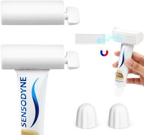 Juego de 4 rodillos exprimidores de pasta de dientes magnéticos montados en la pared, viene con 2 tapas de pasta de dientes de silicona para cosméticos en tubo, salsa de tomate en tubo, etc. (Blanco)