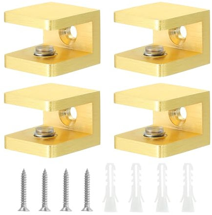 QUARKZMAN Pince de Fixation pour Étagère en Verre, 4 Pièces, en Cuivre Doré, Réglable, pour Verre Épais de 8 à 10 mm, Support de Fixation en U pour Panneau Fixe