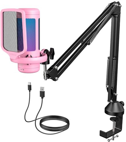 TONOR Gaming Mic, Microfono USB per PC PS4/5 con Supporto per Braccio, Micro a Condensatore Cardioide con RGB e Luminosità Regolabili, Mute Rapido, Controllo del Guadagno, per Streaming, TC310+ Rosa