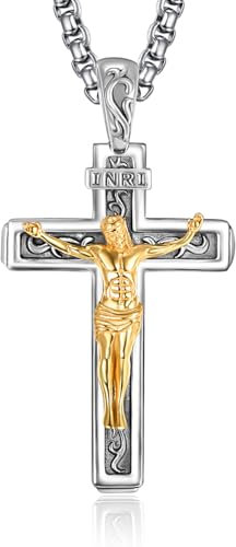 PRAYMOS Katholische Halskette mit Anhänger Jesus Christus auf INRI Kreuz und Kruzifix goldfarben silberfarben für Damen und Herren