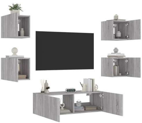 ShGaxin 5-TLG. TV-Wohnwand mit Leuchten Grau Sonoma, Wohnwand Wohnzimmer, Wohnzimmer Möbel, Schrankwand Wohnzimmer, Tv Möbel, Anbauwand Wohnzimmer - 3216865