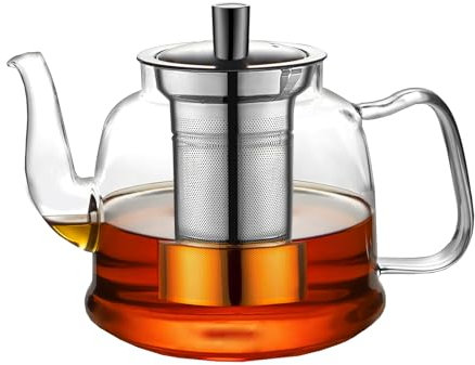 CMXING Glass Teapot with Removable Infuser, Stovetop Safe Tea Kettle, Borosilicate Glass Water Jug Clear Tea Pot Maker for Blooming and Loose Leaf Tea (1400ml)