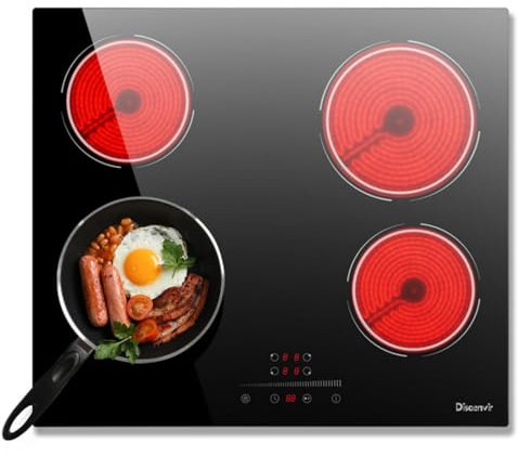 Plaque Vitrocéramique 4 Feux 6000W, Plaque de Cuisson Vitroceramique 220V, Plaque Electrique 60cm, Fonction Pause, 9 Niveaux, Contrôle tactile, Minuterie, Fonction Anti-Touch, Noir