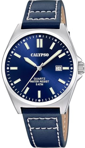 Calypso Herrenuhr Analog aus Leder Blau | Quarzwerk, Kalender, Widerstandsfähiges Mineralglas, Wasserdicht 5 ATM Elegant K5868/3 Basic