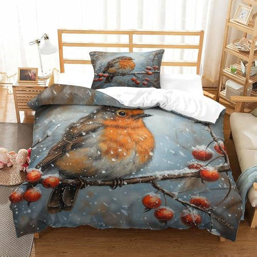 JiaTexJourney 3D Gedruckt Rotkehlchen Gedruckter Bezug Mikrofaser Bettwaren Stil Weich Set 2 Stück,Single(135x200cm), Für Teenager Und Erwachsene